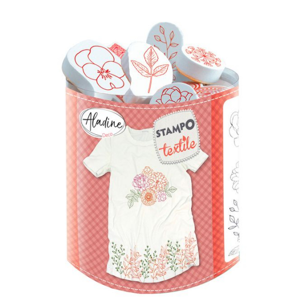 Boite tampons textile ALADINE Déco - 10 Fleurs et feuilles avec encreur