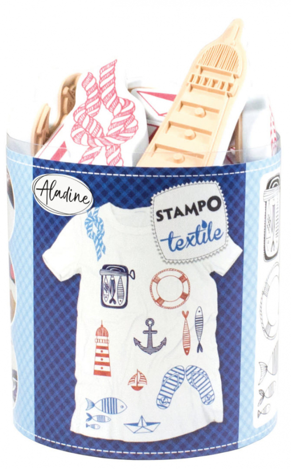 Boite tampons textile ALADINE Déco - Motifs Navy Mer Marins avec encreur
