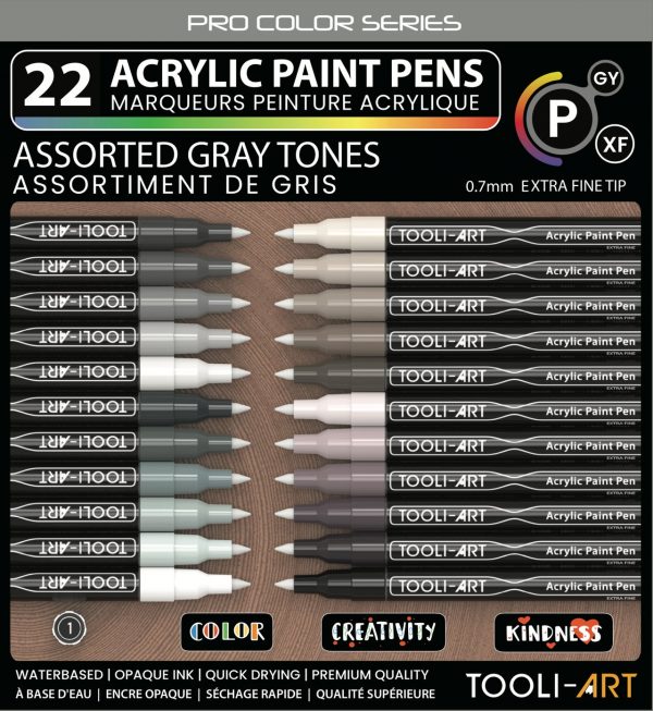 Feutres acryliques TOOLI ART- 22 couleurs GRISES Pointe Extra Fine