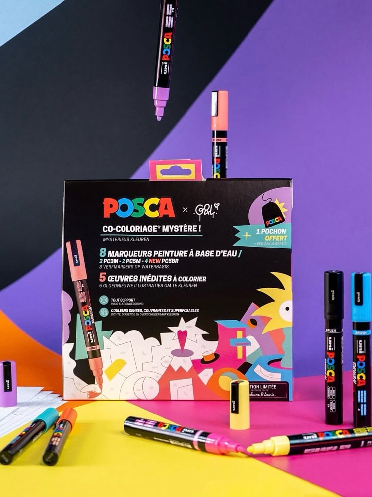 POSCA - Pack EXCLUSIF Co-coloriage mystère x Guillaume et Laurie 8 marqueurs et œuvres inédites